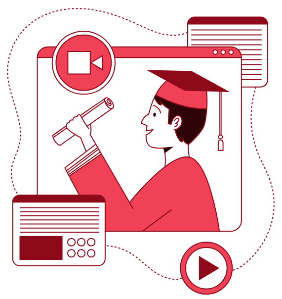 Illustration of a graduate surrounded by course and video panels